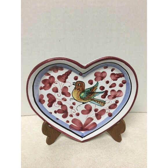 DERUTA Made In Italy Hand Painted Red Heart Bird Trinket Dish 6.5” - Picture 1 of 4